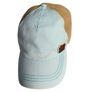 Roxy Straw Baseball Cap Adjustable Back Tan Blue Beach Sun Hat‎